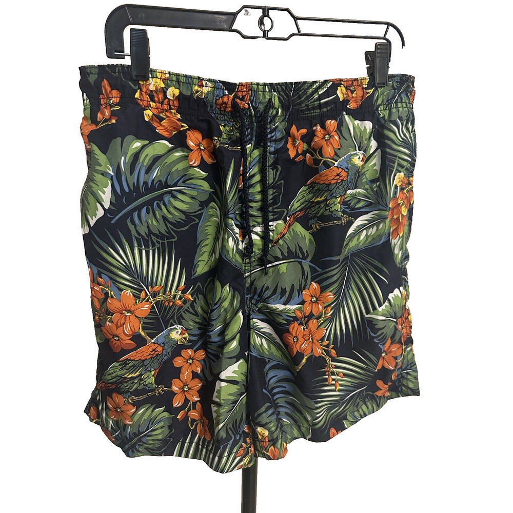 Mens Trader Bay Swim Shorts, Floral Hawaiian Tropical, Navy Blue Size Medium